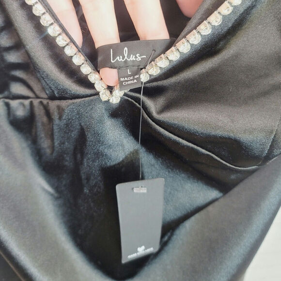 Lulus Treasured Sparkles Black Satin Rhinestone Backless Mini Dress, sz Large - Picture 7 of 16